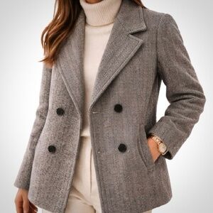 Herringbone VTG Wool Blend Double-Breasted Gray Tweed Winter Peacoat [size 10]